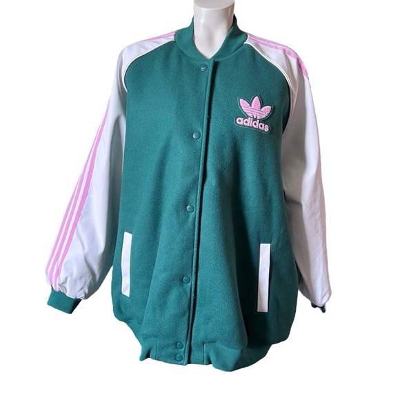 Adidas Originals SST VRCT Jacket Green Pink Trefoil Oversized Varsity NWT - Picture 2 of 8